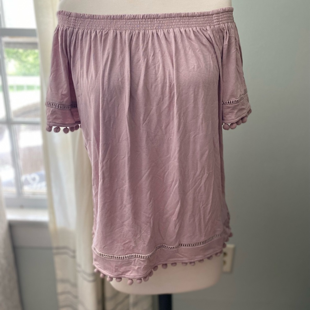 Wishlist brand super soft mauve off-shoulder tee with pompom detail